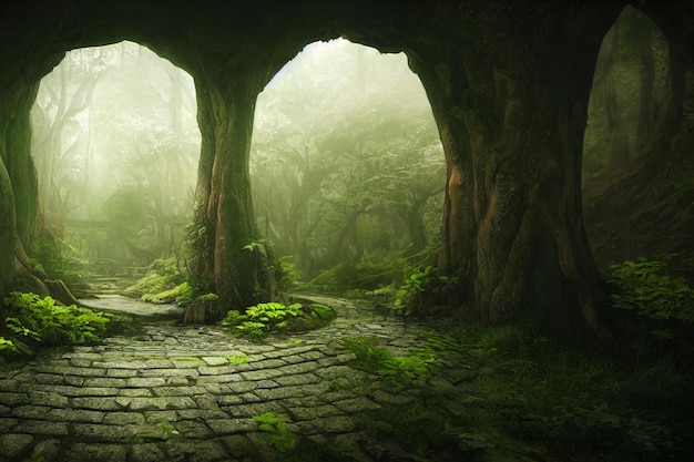 Doorway to labyrinth forest fantasy landscape illustration