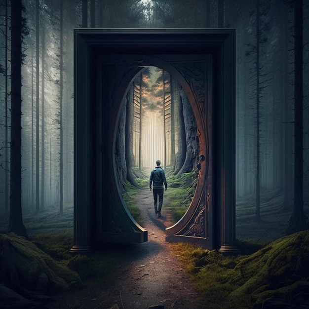 Дверной проем, ведущий в таинственный лес с мужчиной, идущим по нему, генеративный ай