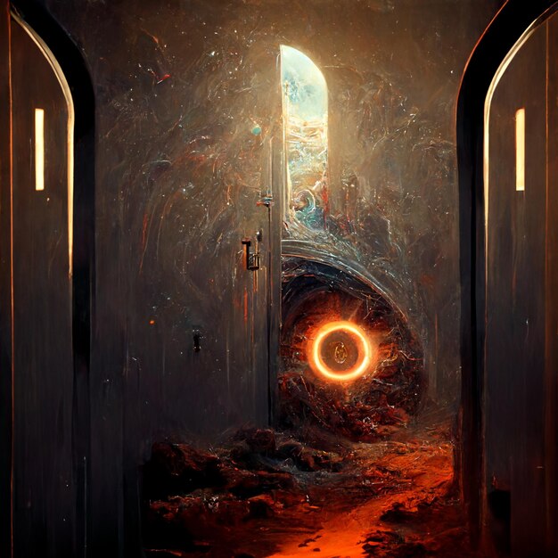 Photo doorway leading to a tunnel with a glowing portal in the middle generative ai