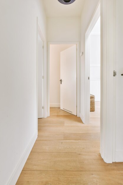 Doorway of modern apartment with white walls and parquet floor