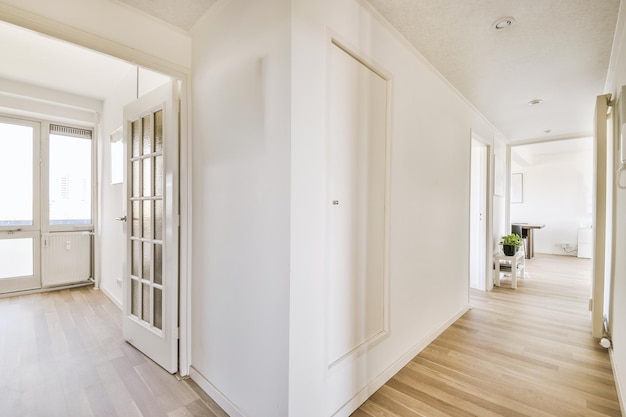 Doorway of modern apartment with white walls and parquet floor