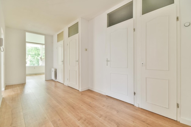 Doorway of modern apartment with white walls and parquet floor