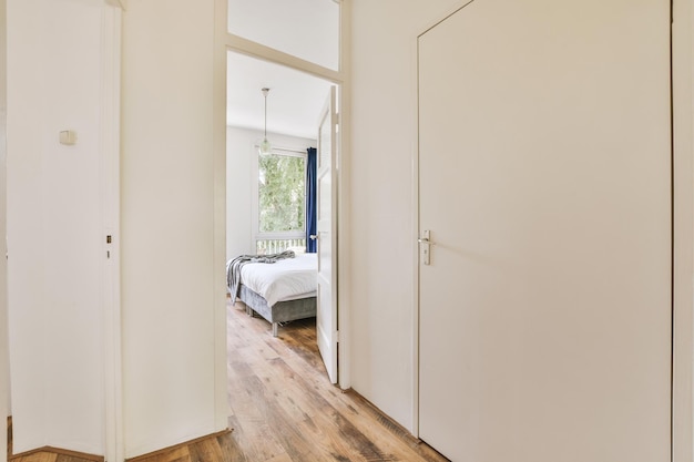 Doorway of modern apartment with white walls and parquet floor