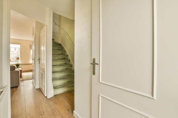Foto porta di un appartamento moderno con pareti bianche e pavimento in parquet