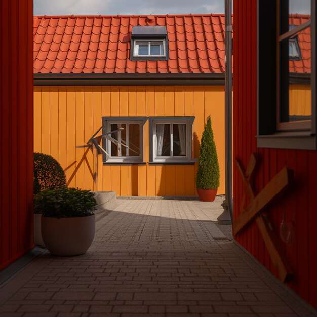 Фото Дверь в дом с красной крышей и плантатором