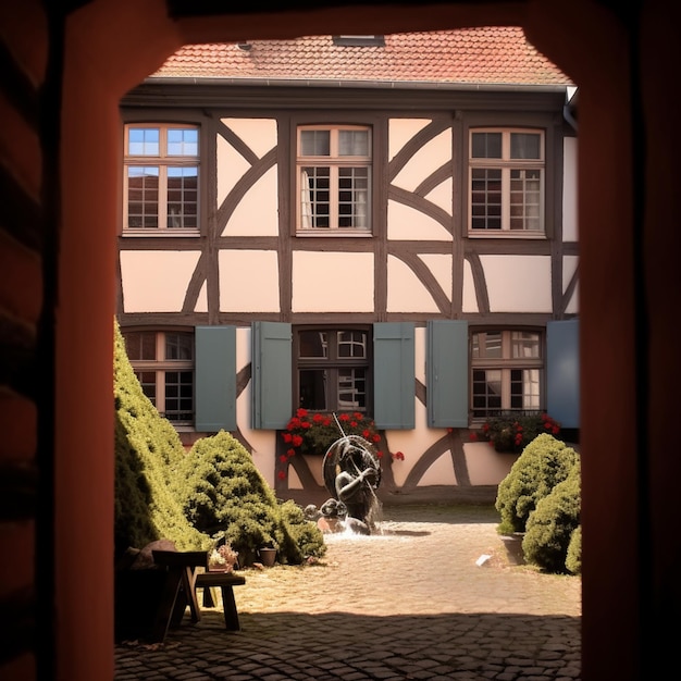 Doorway view of a house with a bicycle in front of it generative ai