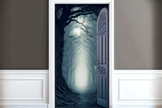 Doorway with door as exit into mysterious forest