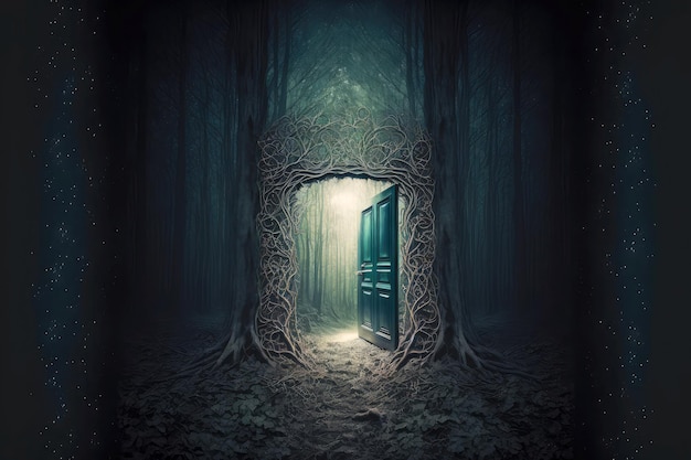 Doorway with door as exit into mysterious forest