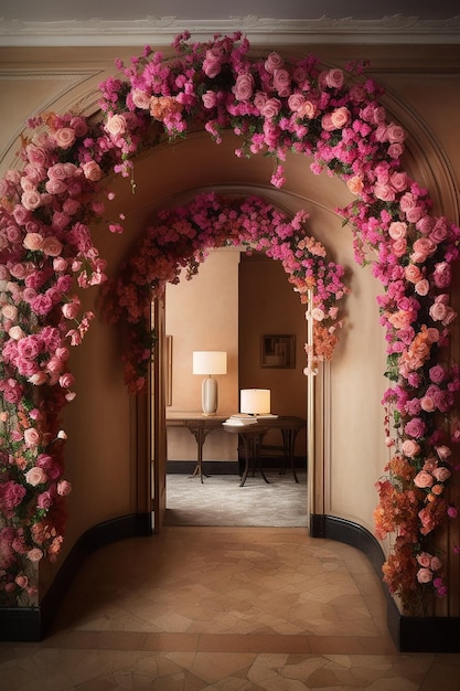 A doorway with a floral arch made of flowers