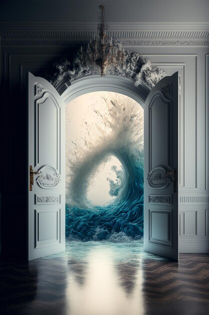 doorway with a large wave coming out of it generative ai