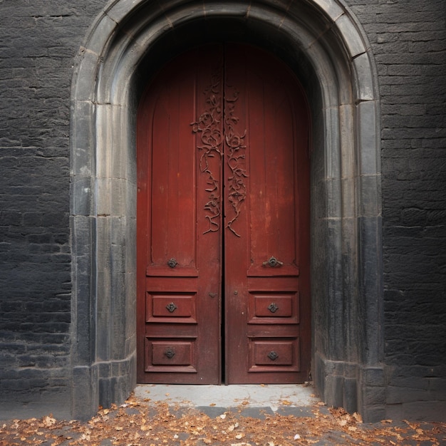 Photo doorway with red doors and a stone arch with a leafy design generative ai