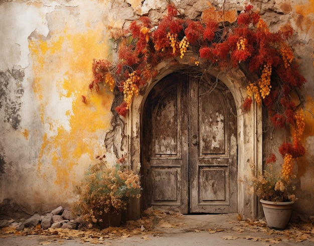 doorway with vines and flowers on the side of a building generative ai