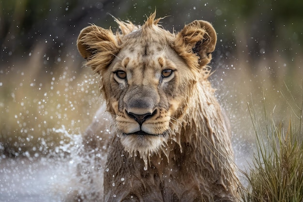 Doorweekte leeuw die water afschudt in de savanne Generatieve AI