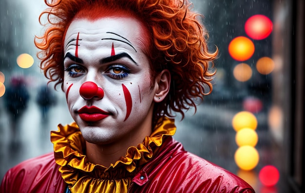 Doorweekte man in de afbeelding van een clown in de regen in metropoolcentrum Generative AI