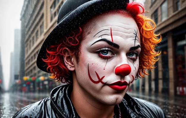 Doorweekte man in de afbeelding van een clown in de regen in metropoolcentrum Generative AI