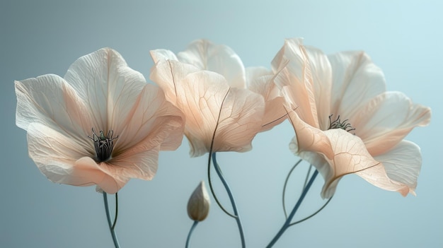 Doorzichtige bleke bloemen op blauwe achtergrond