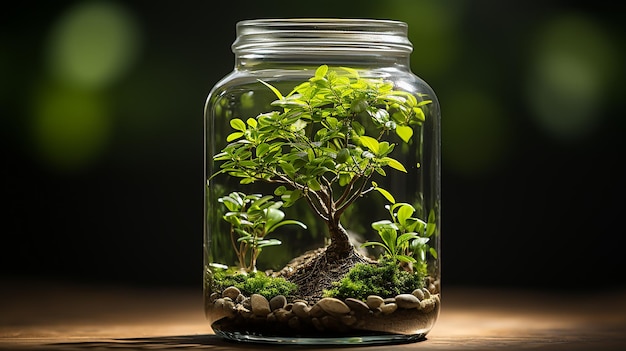 Foto doorzichtige glazen pot met groene bladeren