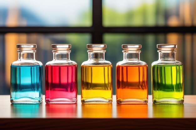 Foto doorzichtige kleurrijke glazen fles vloeibare productverpakking mock-up set van vijf flessen