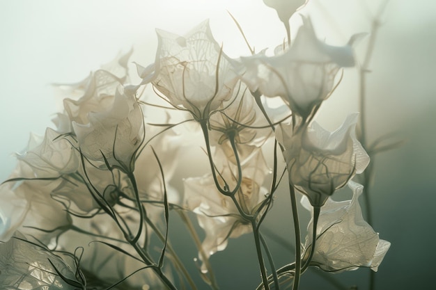 Foto doorzichtige witte klokbloemen die zich koelen in etherisch licht