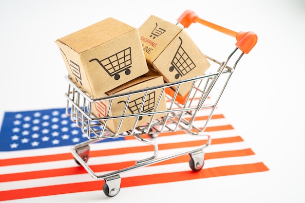 Doos met het logo van het online winkelwagentje en de vlag van de Verenigde Staten van Amerika Import Export Online winkelen of handel Financiën bezorgdienst winkel product verzending handelsleverancier