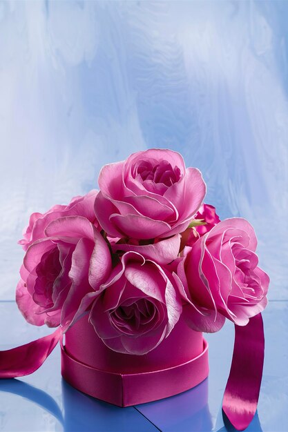 Doos met roze rozen op blauwe achtergrond