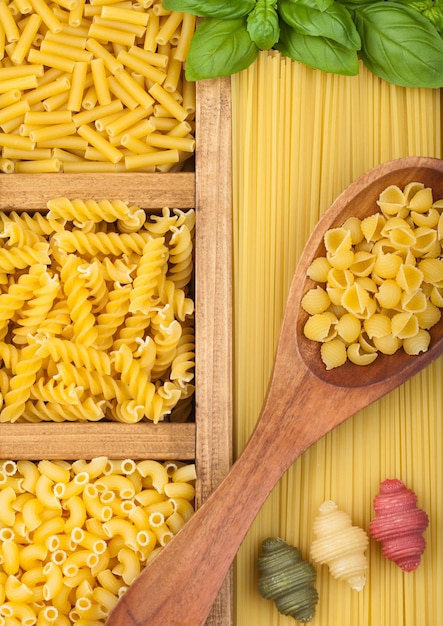 Doos met spaghetti en fusilli en macaroni met maccheroni en verse basilicum met houten lepel en tricolor conchigiolli als italiaanse vlag Bovenaanzicht