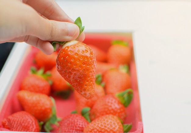 Doos van klaar aardbeien in tuinmarkt.