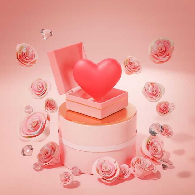 Doos van liefde openen op podium tussen roze rozenblaadjes en Diamond Wedding Valentine Concept 3D Render