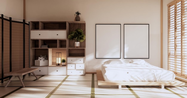 Doos wandplanken op slaapkamer Japanse stijl tatami mat en decoratie lamp en planten op witte zen kamer3D-rendering