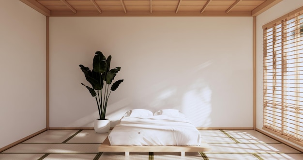 Doos wandplanken op slaapkamer Japanse stijl tatami mat en decoratie lamp en planten op witte zen kamer3D-rendering