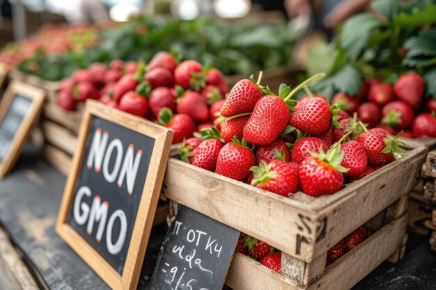 Doosjes met sappige verse aardbeien in dozen worden op de boerenmarkt verkocht.