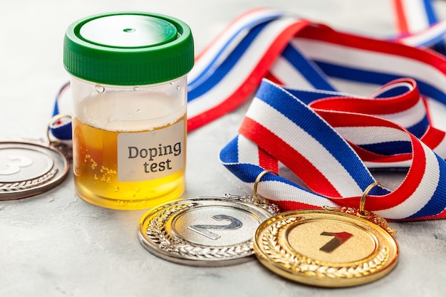 Dopingtest. gouden, zilveren en bronzen medaille en een pot voor urineanalyse op een grijze achtergrond.