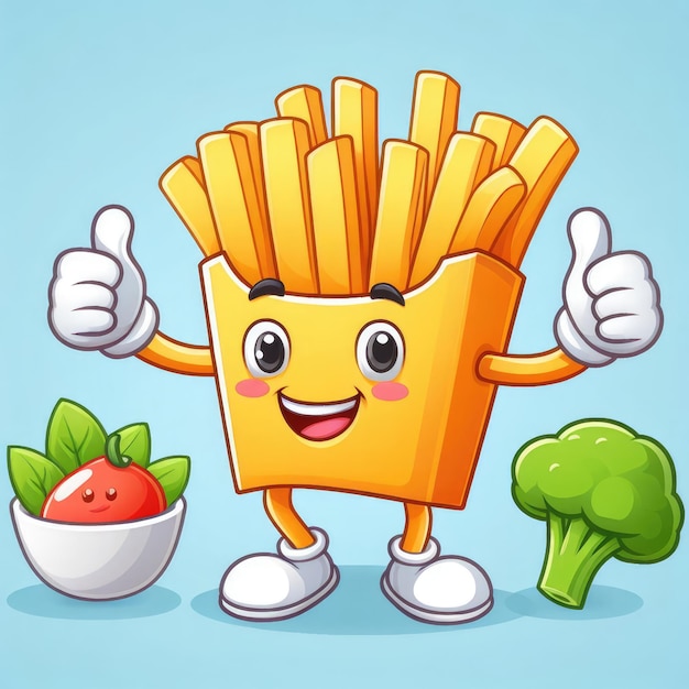 Foto dorable felice patatine fritte scatola personaggio con le mani per bambini menu design felice patate fritte veloce foo