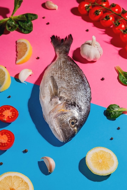 Photo dorado fish, lemon, garlic and cherry tomatoes