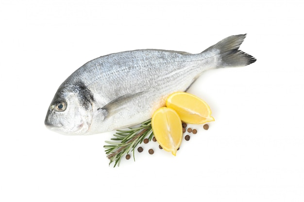 Dorado fish, lemon, rosemary and pepper isolated on white