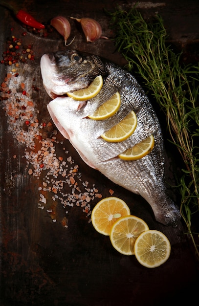 dorado fish , raw, view from above, vertical,