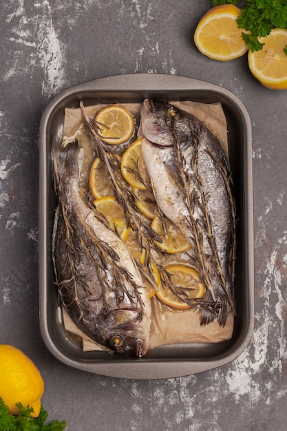 Dorado fish with rosemary and lemon.