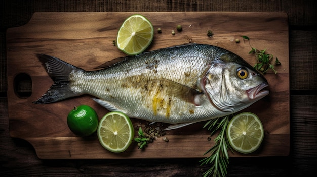 Dorado vis zeebrasem met toevoeging van kruiden kruiden en citroen bovenaanzicht