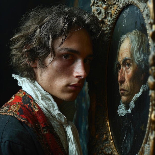 Photo dorian gray and his aging old portrait the once pristine canvas now mirrors his hidden sins capturing the decay of his soul as time etches its mark on the haunting masterpiece