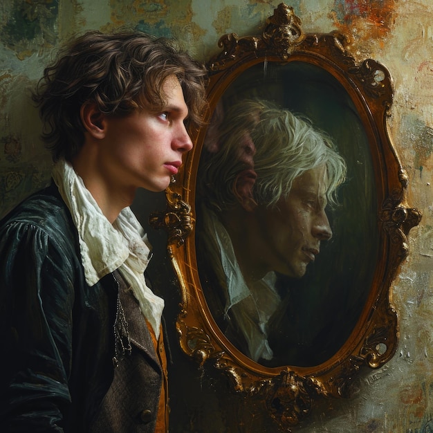 Photo dorian gray and his aging old portrait the once pristine canvas now mirrors his hidden sins capturing the decay of his soul as time etches its mark on the haunting masterpiece