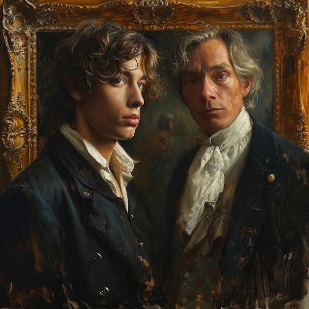 Dorian Gray and his aging old portrait The once pristine canvas now mirrors his hidden sins capturing the decay of his soul as time etches its mark on the haunting masterpiece