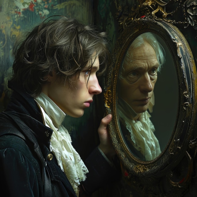 Dorian Gray and his aging old portrait The once pristine canvas now mirrors his hidden sins capturing the decay of his soul as time etches its mark on the haunting masterpiece