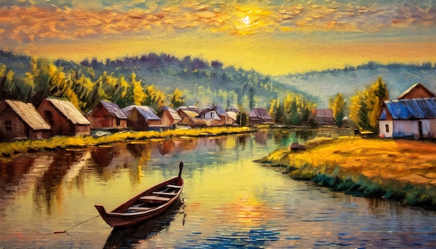 Dorp hoge textuur schilderijen doek op een prachtig landschap met een rivier