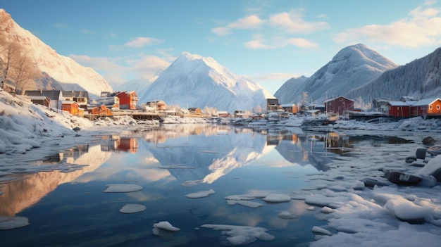 dorp of stad en waterbron Een rustig, helder water voor een ijsberg bedekt onder een oranje en blauwe lucht tijdens zonsopgang