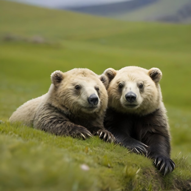 Photo dos osos descansando en una colina de verde pasto ai