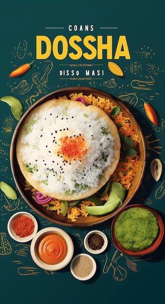 Плакат с блюдом доса с кокосовым чатни и хрустящими досас вибра Индийские праздники Образ жизни Кухня