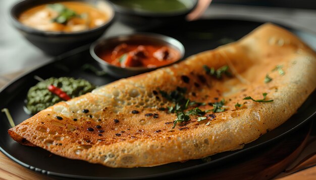 Photo dosa sambar and chutney on a tableindian kerala morning close up