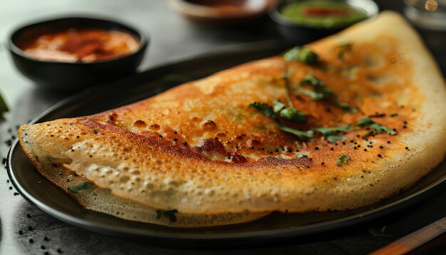 dosa sambar and chutney on a tableIndian Kerala morning close up