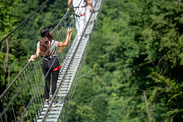 Dossena Italy 2022 Iron sun bridge suspended in the void to cross the valley on foot