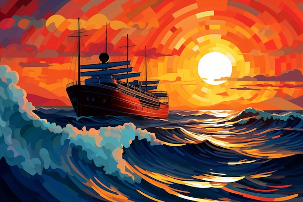 Dot shaped style sunset with waves and ship